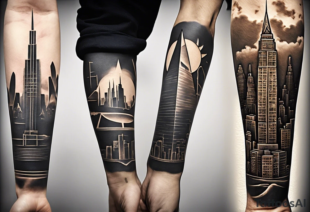 Create a visually dynamic tattoo that seamlessly blends the timeless elegance of the three Pyramids of Giza with the modern allure of the Manhattan skyline. Envision the pyramids standing majestically, perhaps incorporating subtle Egyptian motifs like hieroglyphs or an ankh, transitioning smoothly into the iconic structures of New York, such as the Empire State Building and One World Trade Center. tattoo idea