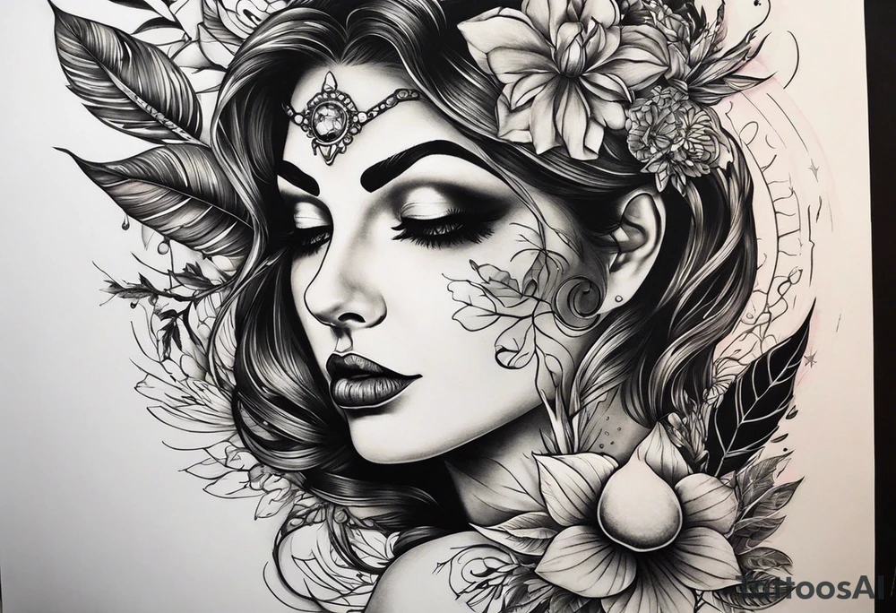 Mächtige meijestätisch Hanf Pflanze, mega sexy brünette Frau mit großen Titten, raucht Joint bei Vollmond tattoo idea