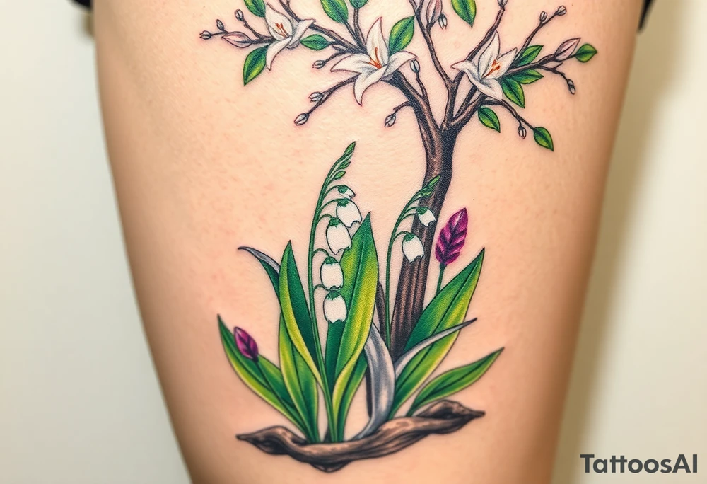 Small White lily in the valley bells growing next to other different colored lilie plants planted underneath a blooming hawthorn tree tattoo idea