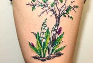 Small White lily in the valley bells growing next to other different colored lilie plants planted underneath a blooming hawthorn tree tattoo idea