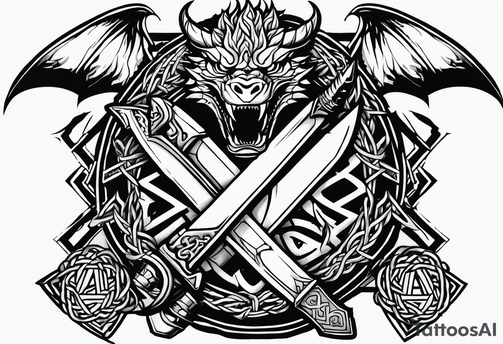 Valhalla sword shield dragon axe Valknut barbed wire chains fire tattoo idea Valhalla sword shield dragon axe Valknut barbed wire chains fire tattoo idea