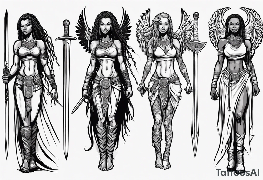 African female Viking valkyre angel smiling full body 
slim long face small mouth long braided hair holding sword tattoo idea