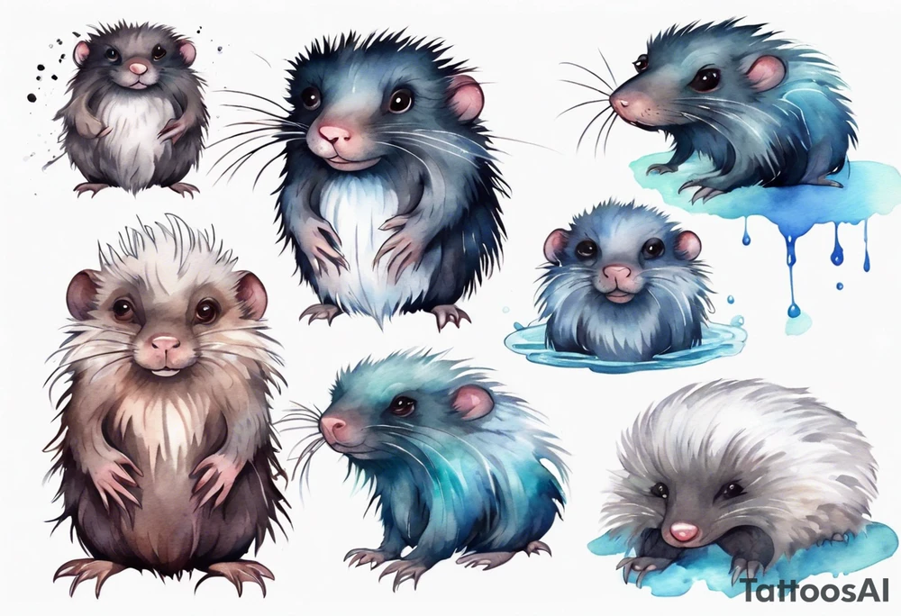 a giant mole with large dark eyes white glowing fur and messy of dark hair on its head tattoo idea