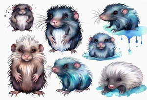 a giant mole with large dark eyes white glowing fur and messy of dark hair on its head tattoo idea
