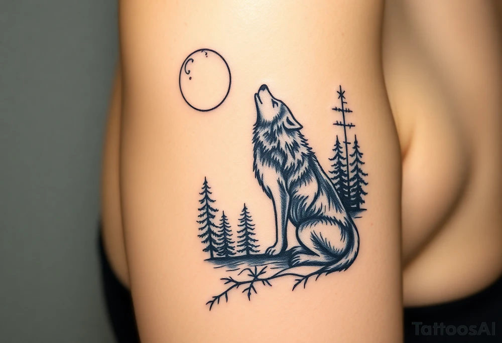 Lone wolf howling at the moon in the forest in the night Columba star tattoo idea