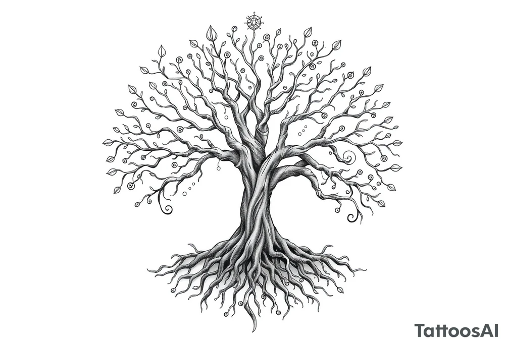 mystical tree of life with cosmic roots and celestial branches tattoo idea
