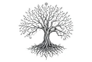 mystical tree of life with cosmic roots and celestial branches tattoo idea