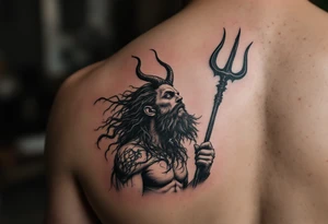 skinny poseidon, behind a trident, looking at the sky tattoo idea