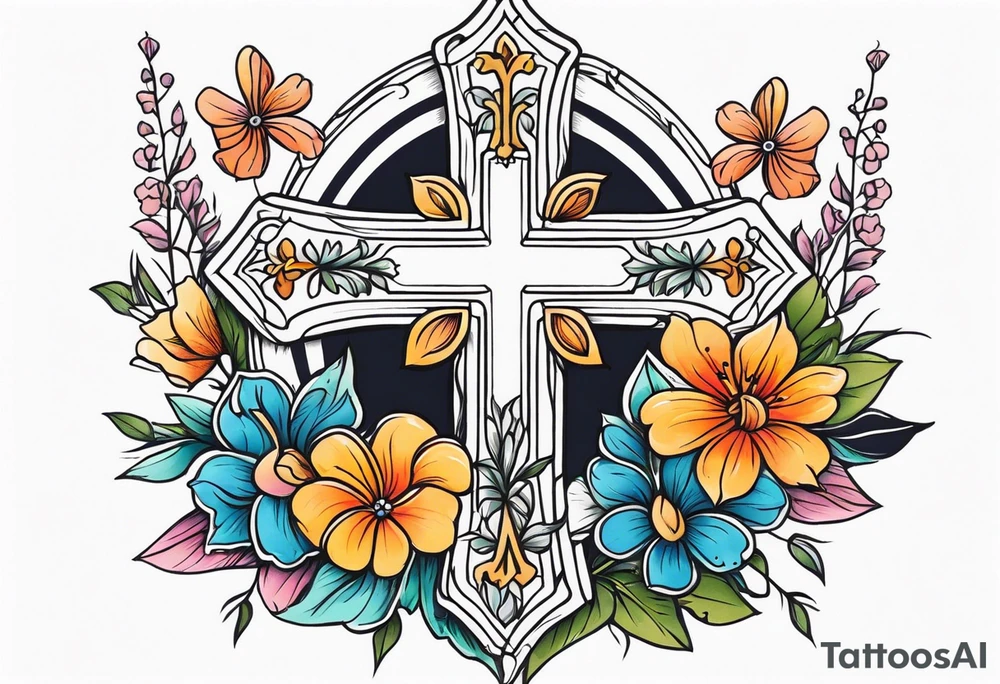 cross surrounded with flowers colorful tattoo idea