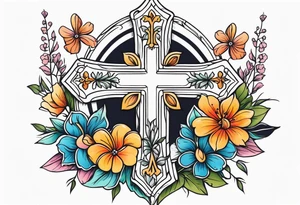 cross surrounded with flowers colorful tattoo idea
