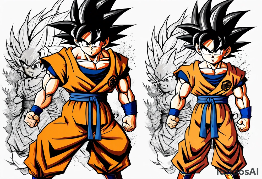 Small Son-Goku in the foreground and an older version of him as a super sayain behind him tattoo idea