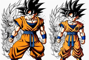 Small Son-Goku in the foreground and an older version of him as a super sayain behind him tattoo idea
