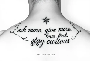 a tattoo on a man's left clavicle that reads ask more. listen more. give more. love first. stay curious. tattoo idea