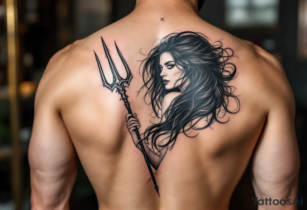 nude woman with black hair behind trident tattoo idea