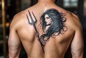 nude woman with black hair behind trident tattoo idea