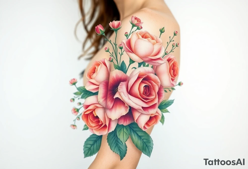 vintage bouquet of wild roses and meadow flowers with morning dew tattoo idea