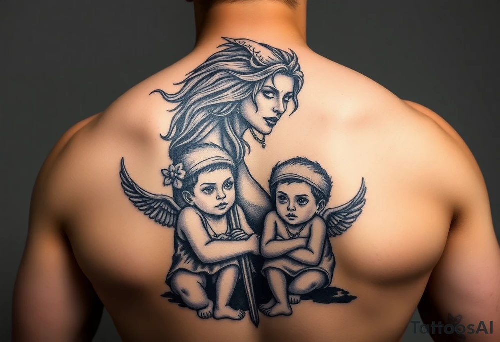 Powerful mother protecting her children with Names are Elliot,Chukya, and Lailah. Something showing motherhood tattoo idea