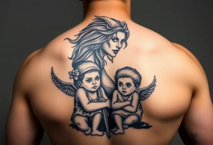 Powerful mother protecting her children with Names are Elliot,Chukya, and Lailah. Something showing motherhood tattoo idea