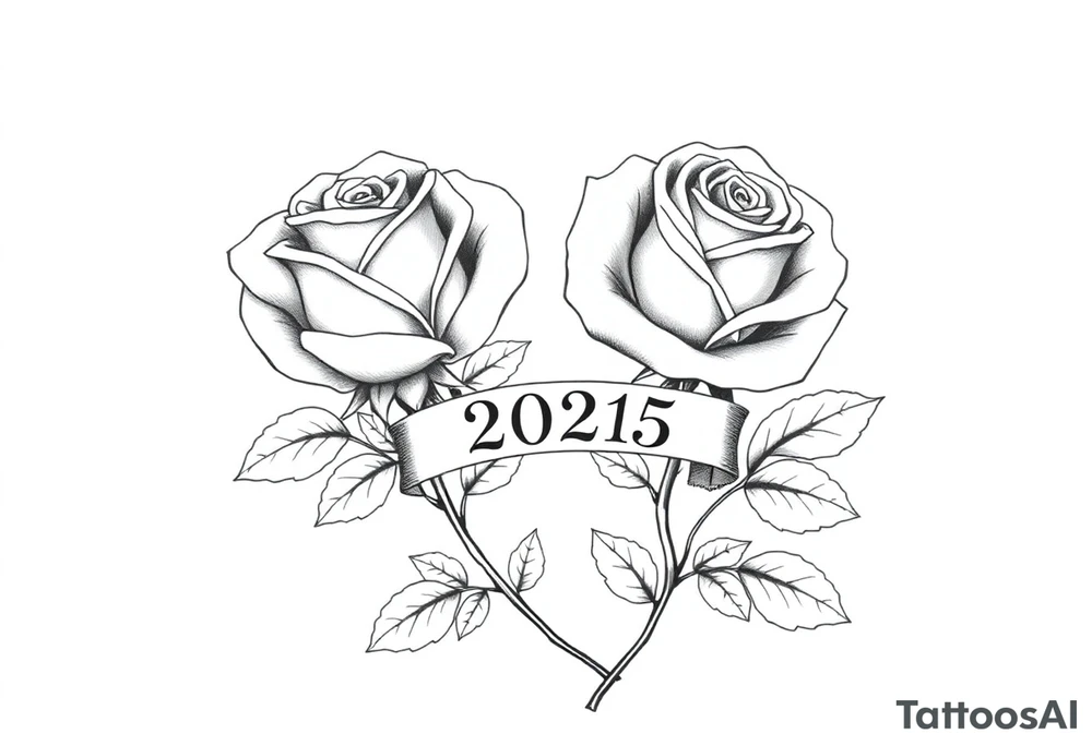 two beautiful large rose buds, one larger than the other, with many leaves next to the rose buds, with one sitting higher than the other. Include a banner connecting the two roses with the year "2025" on it.   Use dark outlines with little shading. The two stems should be short, not long, and connect and join into one stem, whimsically curved or twisted - not straight down. tattoo idea