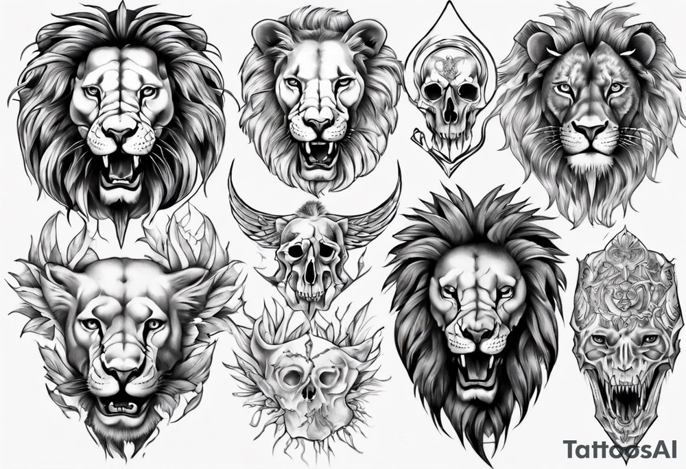 Lion skull tattoo and leqves tattoo idea