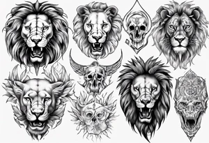 Lion skull tattoo and leqves tattoo idea