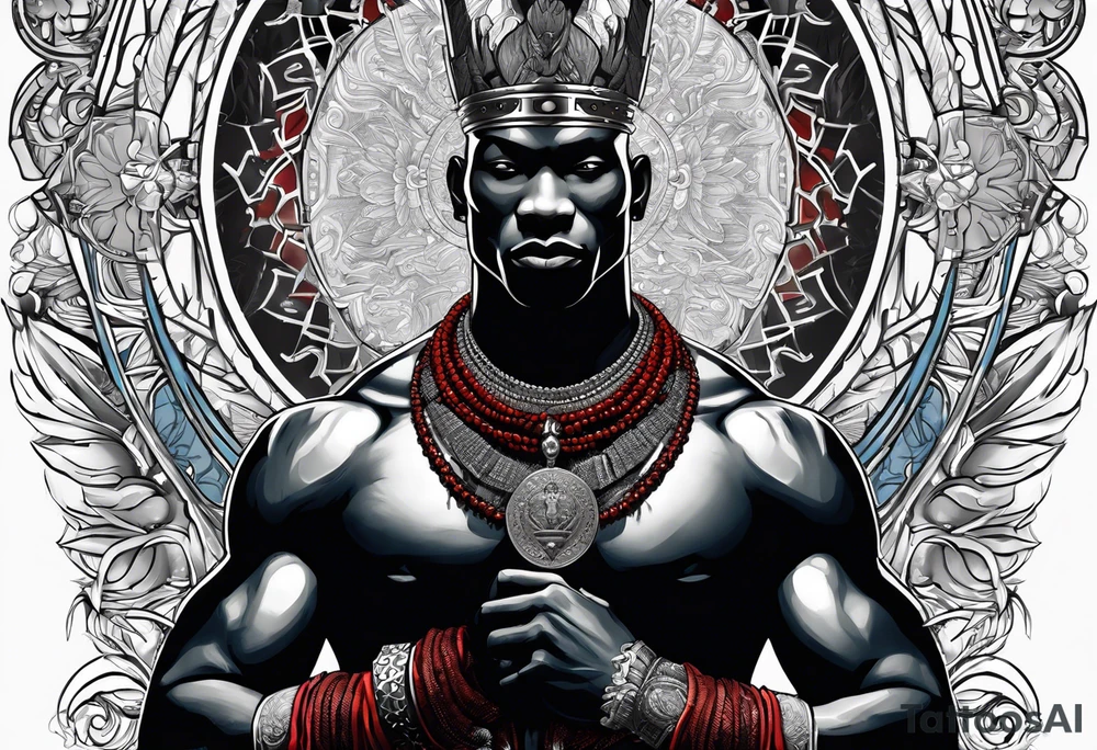An african god, a bald black-skinned warrior, that uses a sword and a silver crown. He also uses blue and red necklaces tattoo idea