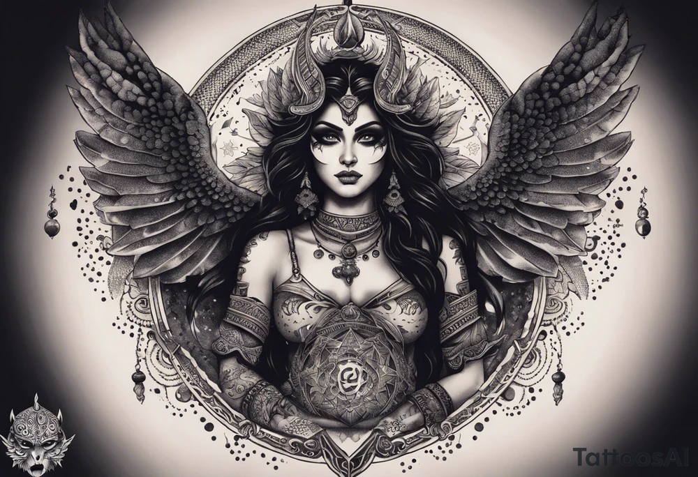 black kali, goddess pirate, alien, angel, pachamama, valkrye, warrior, flying, skull, lotus azul, wing, eagle, zenza resonance, stars, 5D, anahata chakra, death, durga, riding on a tiger, flying lady, chest tatoo tattoo idea