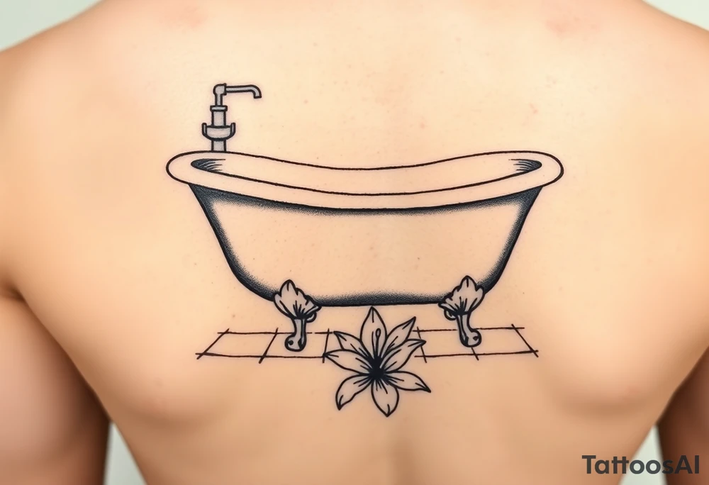 clawfoot bathtub with simple faucet and lily coming up out of the tile floor tattoo idea
