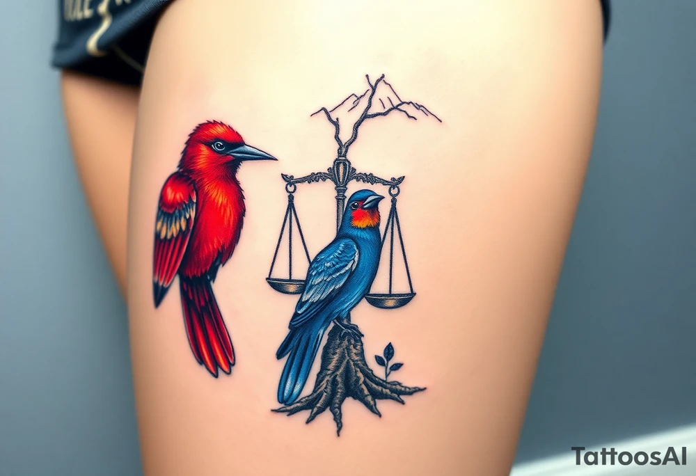 one of the birds red wearing a suit, other bird navy blue with glasses or holding a book, scales of justice built into a tree, starry night painting and mountain background tattoo idea