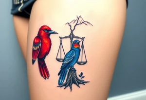 one of the birds red wearing a suit, other bird navy blue with glasses or holding a book, scales of justice built into a tree, starry night painting and mountain background tattoo idea