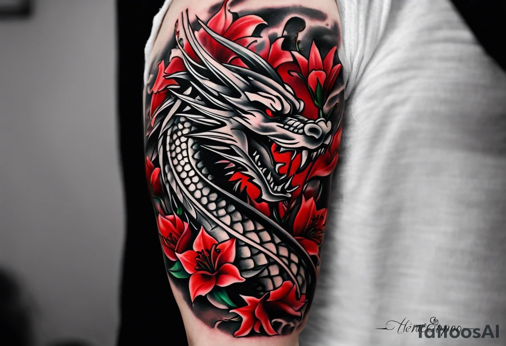 Arm Tattoo Black and white dragon as the focus. Red spider lillies as the background. Lightning. The words “ Νεχ ποσσυμ τεχυμ ωιωερε, νεχ σινε τε” tattoo idea