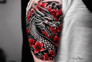 Arm Tattoo Black and white dragon as the focus. Red spider lillies as the background. Lightning. The words “ Νεχ ποσσυμ τεχυμ ωιωερε, νεχ σινε τε” tattoo idea