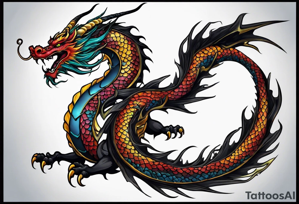 An epic floating asian dragon. Its long body coiling dynamically, with scales and horns detailed to create a sense of movement and strength. The dragon's color is giving a vibrant depth and a mystical aura. This tattoo highlights the dragon’s fierce expression and sharp claws. tattoo idea