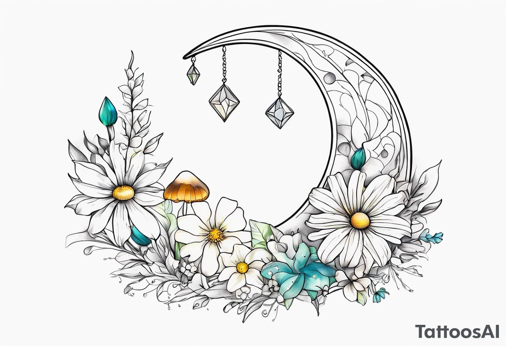 Crescent moon with daisy's, lily’s, crystals, and mushrooms tattoo idea