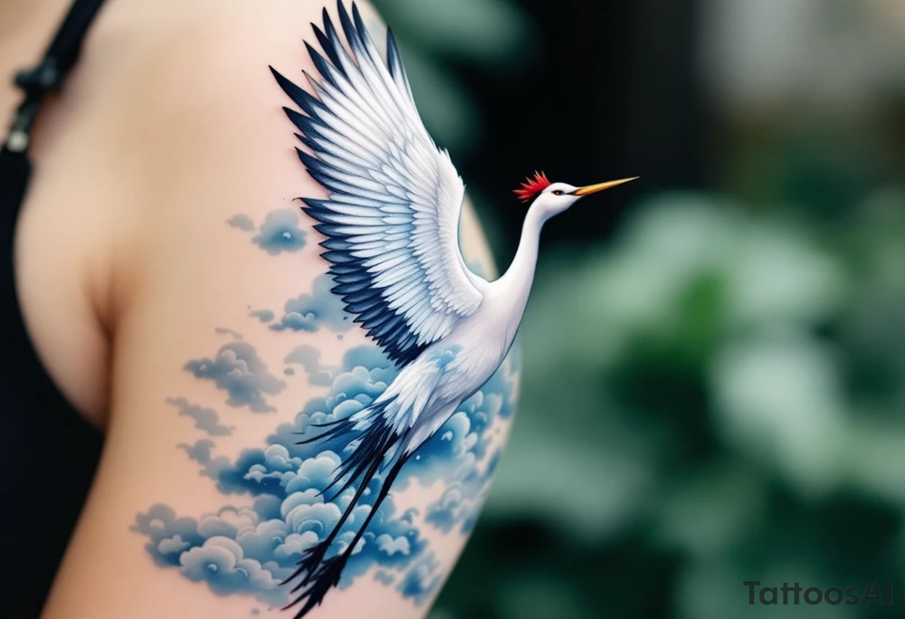 A white crane with black wing tips and red crown flying through misty blue clouds. tattoo idea