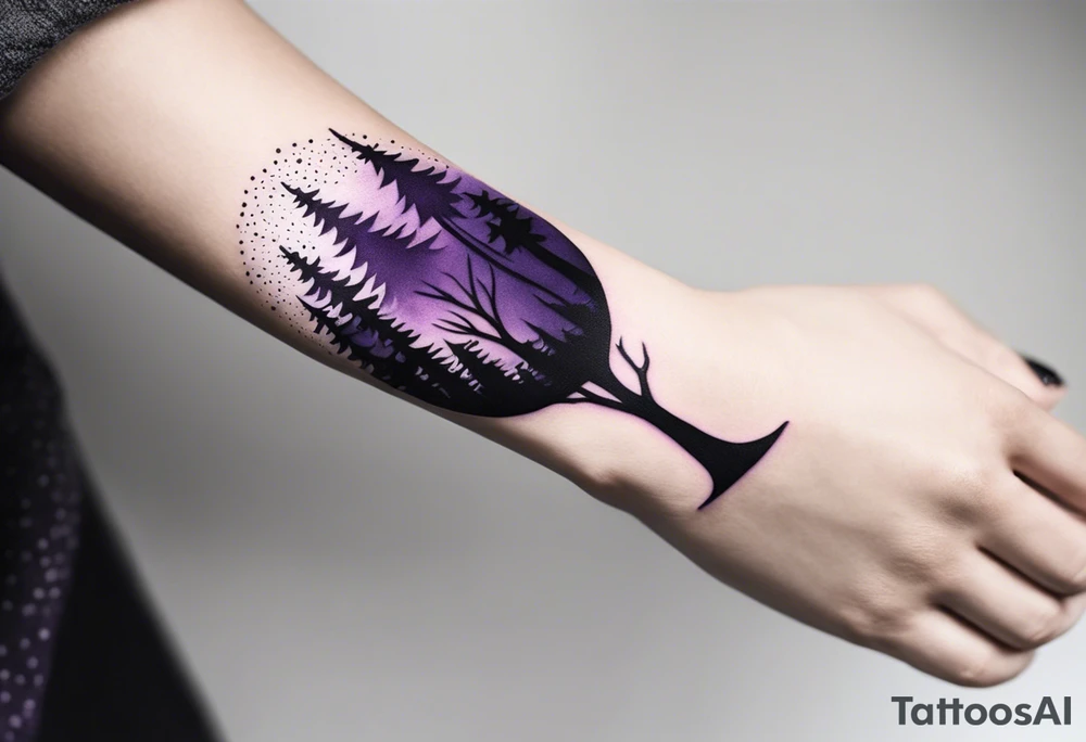 forest, purple and black, covered from wrist to forearm, fully covered, no borders, blackwork tattoo idea