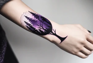 forest, purple and black, covered from wrist to forearm, fully covered, no borders, blackwork tattoo idea