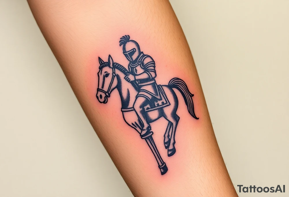 2d medieval woodcut knight on a childs hobby horse head stick toy tattoo idea