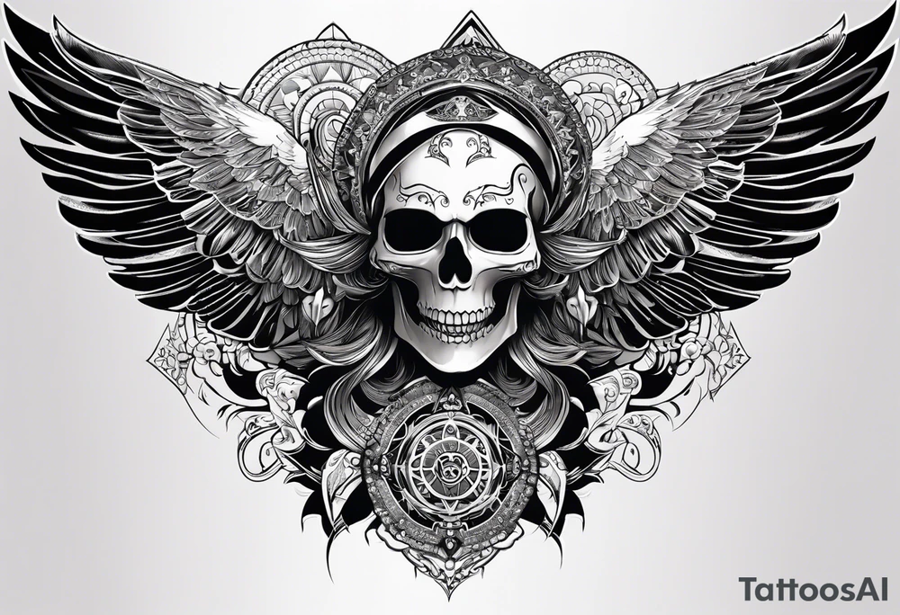 black kali, goddess pirate, alien, angel, pachamama, valkrye, warrior, flying, skull, lotus azul, wing, eagle, zenza resonance, stars, 5D, anahata chakra tattoo idea