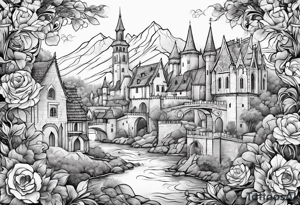 medieval tribal city 
floral  land  vignette tattoo idea