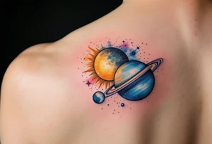 A soft watercolor galaxy with three celestial bodies (sun in gold, moon in silver, and a planet Saturn in deep blue) orbiting around each other. tattoo idea