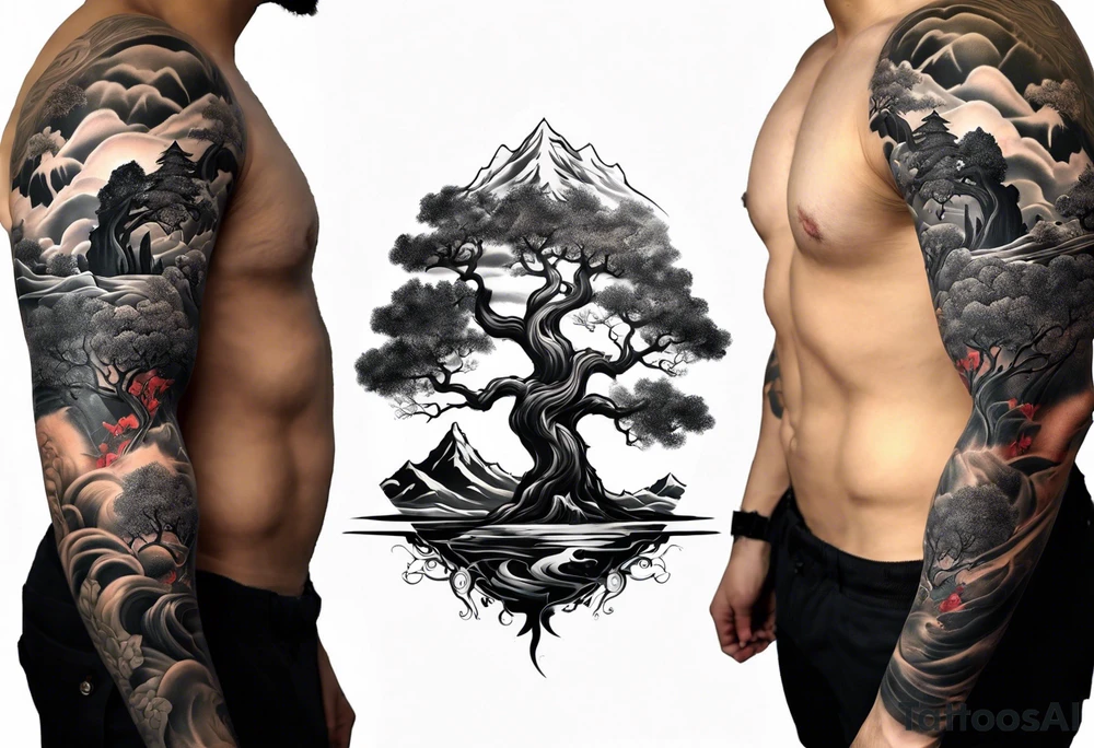 Full arm sleeve Tree reaching up to shoulder with roots going all the way down to the wrist. Mountain, water, and demon elements tattoo idea