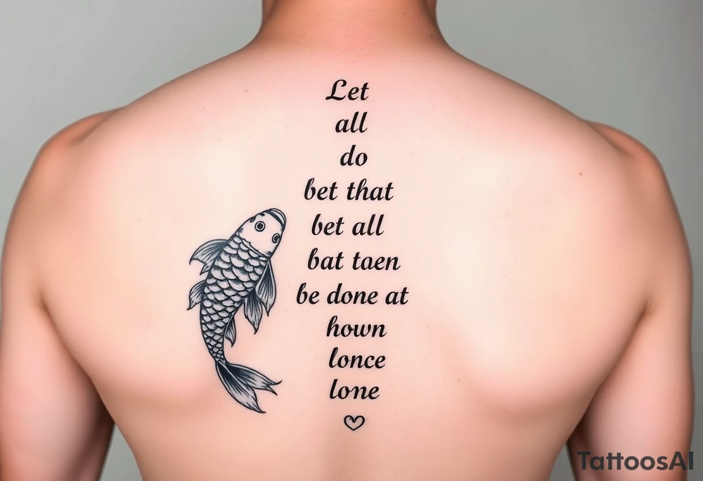 vertical verse going down the spine that says “ Let all that you do be done in love “ with two koi fish One on the Lower left of the verse and the other fish on the upper right of the verse tattoo idea
