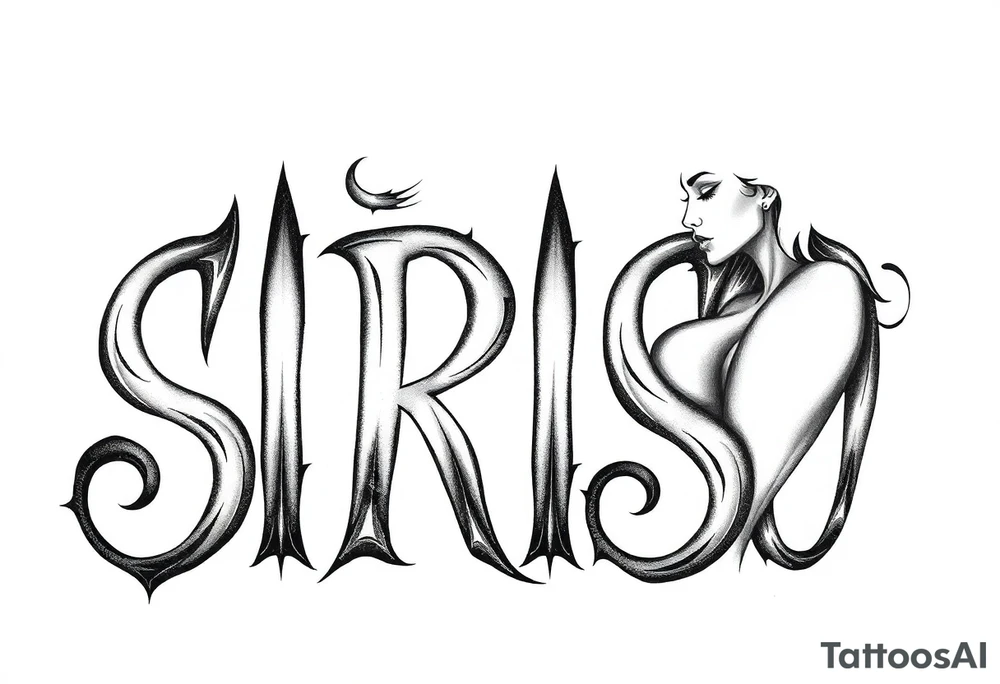 Abstract Tribal font saying “SIRISO” with all letters close together and the S in SIRISO connected to the O and a silloute of a sexy Latina woman in the shape of the words tattoo idea