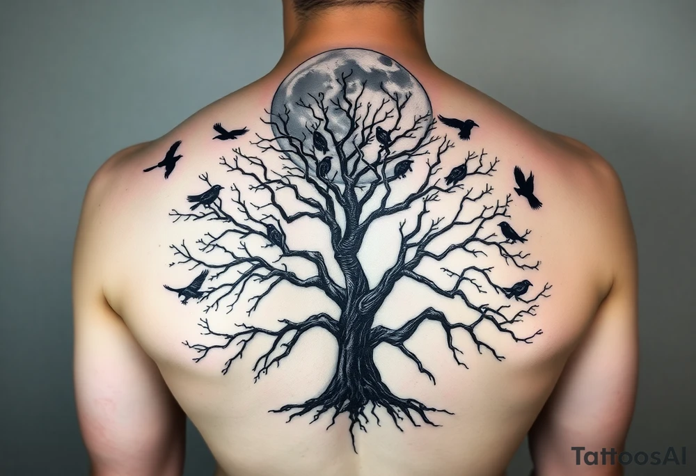 A very realistic, large tree of life that is bare with lots of crows flying  above it a moon that is as large as the entire picture This is a backpiece. tattoo idea