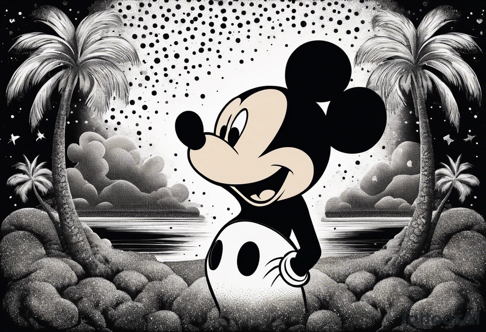 mickey mouse in a lightning storm with palm trees and the celtic symbol for family tattoo idea