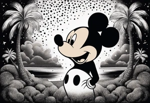mickey mouse in a lightning storm with palm trees and the celtic symbol for family tattoo idea