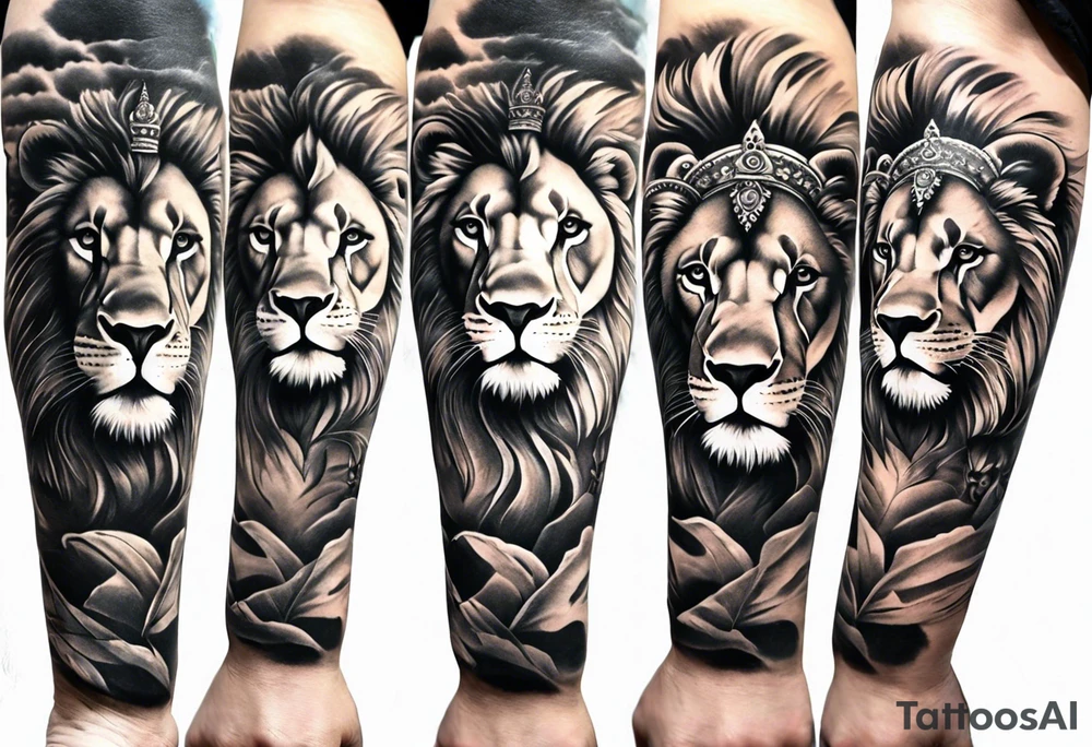 Full sleeve tattoo depicting a large lion protecting his lioness and 6 lion cubs. Background should depict a safari scene tattoo idea