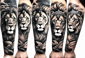 Full sleeve tattoo depicting a large lion protecting his lioness and 6 lion cubs. Background should depict a safari scene tattoo idea