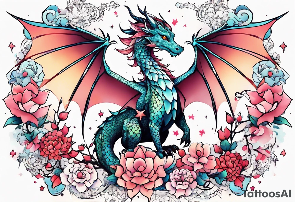 Constellation, wing , snow , cross , dragon female japan kawaii , flower tattoo idea